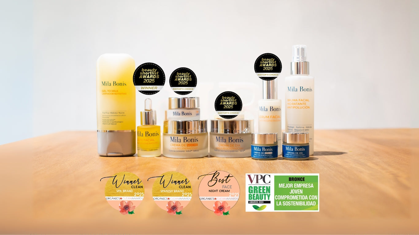 Mila Bonis es la firma de cosmética facial española más premiada en 2024 y 2025. Su Línea Regeneradora es ideal para la piel envejecida. Cosmética natural biotecnológica. Cosmética unisex. Productos veganos.