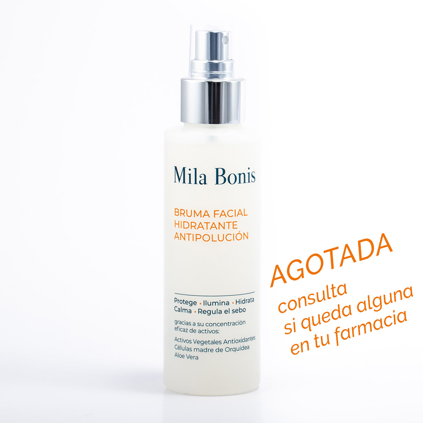 Bruma facial hidratante antipolución de Mila Bonis Cosmética Natural. Contiene ACTIVOS VEGETALES ANTIOXIDANTES, CÉLULAS MADRE DE ORQUÍDEA, ALOE VERA, ÁCIDO HIALURÓNICO, EXTRACTO DE QUERCUS. PROTEGE, ILUMINA, HIDRATA, CALMA y REGULA EL SEBO. UNISEX. VEGANO. 125 ml.