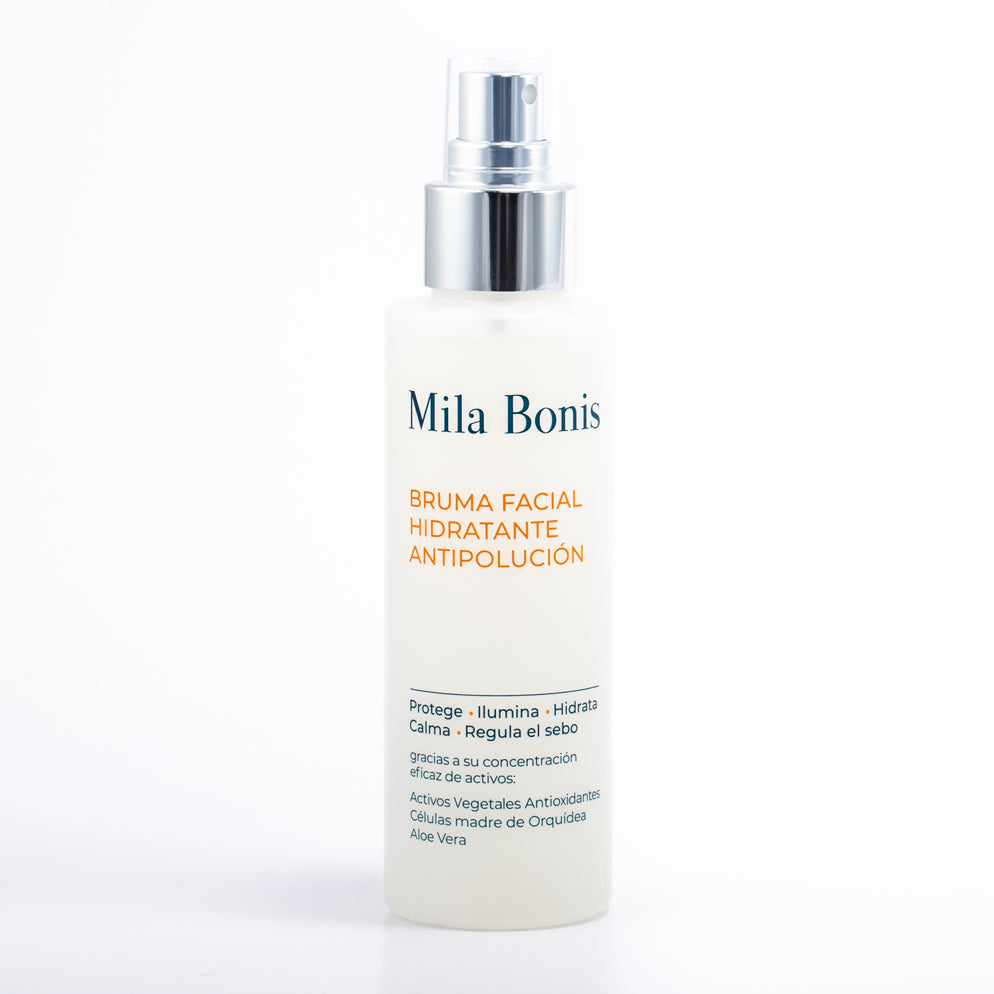 Bruma facial hidratante antipolución de Mila Bonis Cosmética Natural. Contiene ACTIVOS VEGETALES ANTIOXIDANTES, CÉLULAS MADRE DE ORQUÍDEA, ALOE VERA, ÁCIDO HIALURÓNICO, EXTRACTO DE QUERCUS. PROTEGE, ILUMINA, HIDRATA, CALMA y REGULA EL SEBO. UNISEX. VEGANO. 125 ml.