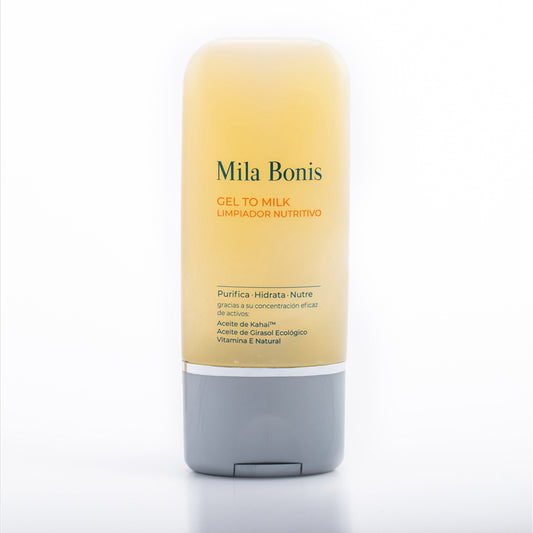 Limpiador facial nutritivo con textura gel to milk de Mila Bonis Cosmética Natural. Purifica, hidrata, nutre, gracias a sus activos: cacay, girasol, vitamina E natural