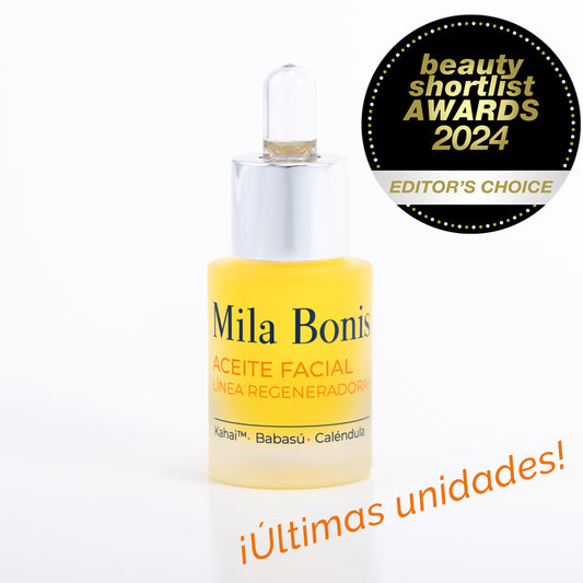 Aceite facial de la Línea Regeneradora+ de Mila Bonis Cosmética Natura. REAFIRMA, ALISA, NUTRE, CALMA e ILUMINA, gracias a su concentrado eficaz de ACEITE DE KAHAI TM (extraído del cacay); ACEITE DE BABASÚ; CALÉNDULA. 15 ML. Vegano. Unisex