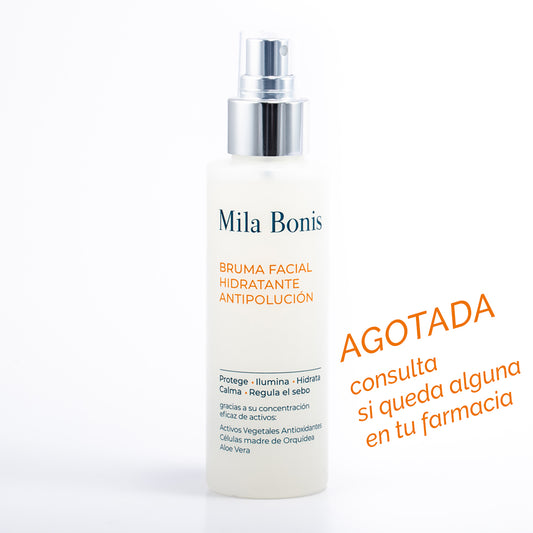 Bruma facial hidratante antipolución de Mila Bonis Cosmética Natural. Contiene ACTIVOS VEGETALES ANTIOXIDANTES, CÉLULAS MADRE DE ORQUÍDEA, ALOE VERA, ÁCIDO HIALURÓNICO, EXTRACTO DE QUERCUS. PROTEGE, ILUMINA, HIDRATA, CALMA y REGULA EL SEBO. UNISEX. VEGANO. 125 ml.