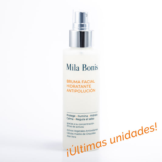 Bruma facial hidratante antipolución de Mila Bonis Cosmética Natural. Contiene ACTIVOS VEGETALES ANTIOXIDANTES, CÉLULAS MADRE DE ORQUÍDEA, ALOE VERA, ÁCIDO HIALURÓNICO, EXTRACTO DE QUERCUS. PROTEGE, ILUMINA, HIDRATA, CALMA y REGULA EL SEBO. UNISEX. VEGANO. 125 ml.